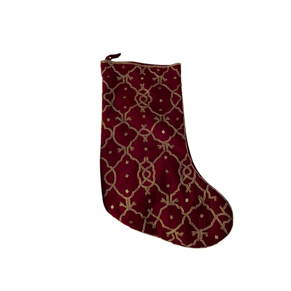 Vintage 1990s Home for the Holidays Red Velvet Christmas Stocking Gold Beading